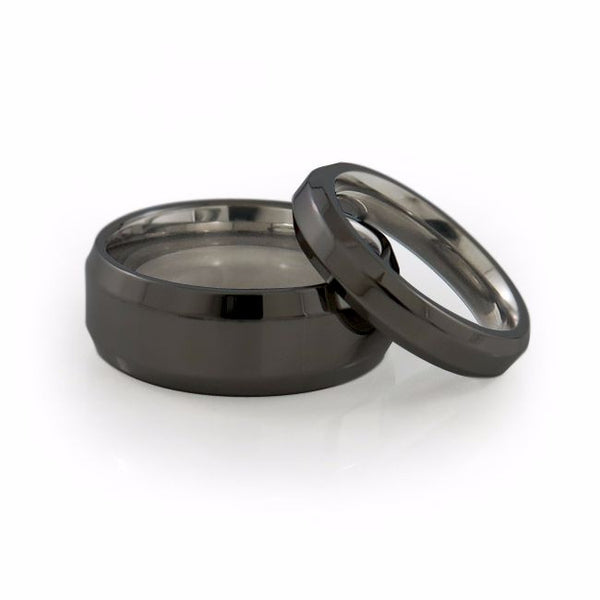 Mens and ladies black diamond coated titanium band.