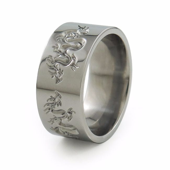 Liung Titanium ring with an Asian spin. Beautiful, ornate serpentine dragons are carved around the surface,