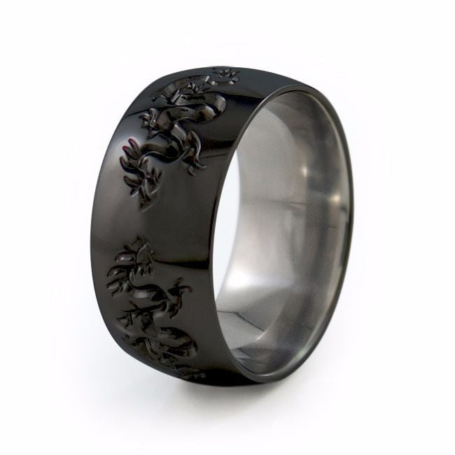 Liung Black Titanium ring with an Asian spin. Beautiful, ornate serpentine dragons are carved around the surface,
