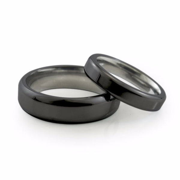 Simple classic black titanium wedding band and titanium ring. Comfort fit. Contour band