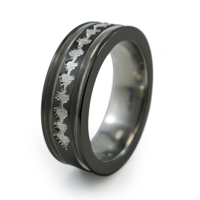 Black Titanium Ring with sound wave engraving of babys heartbeat from Ultrasound, or any sound wave that can be captured.