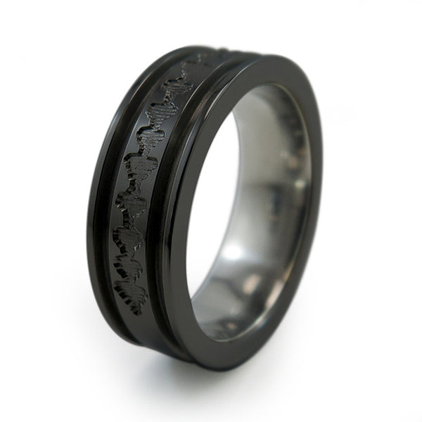 Black Titanium Ring with sound wave engraving of babys heartbeat from Ultrasound, or any sound wave that can be captured.
