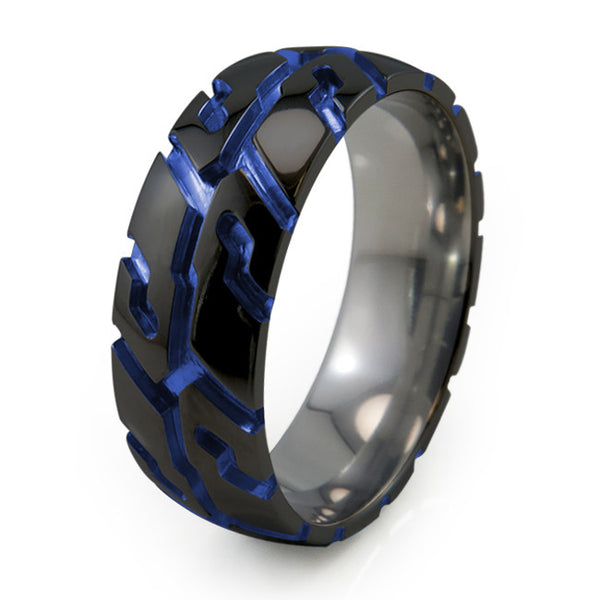 Black Titanium Tire Tread Ring Blue