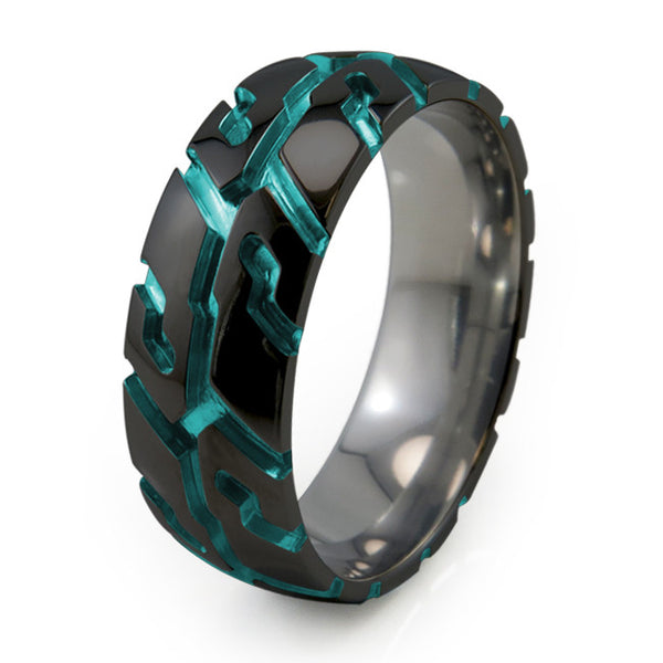 Black Titanium Tire Tread Ring Teal