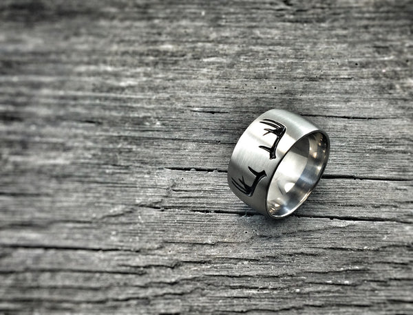 Mens Titanium Antler Ring set on a 12mm titanium band