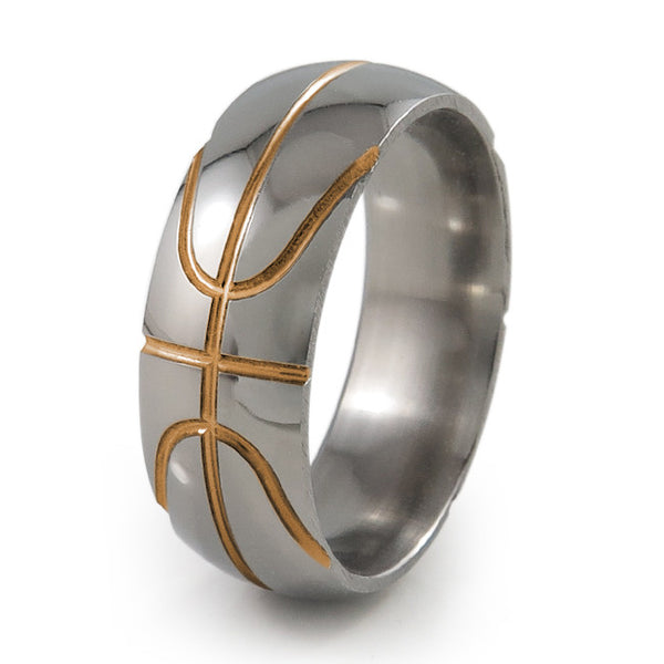 Basket ball inspired titanium ring with orange accent 