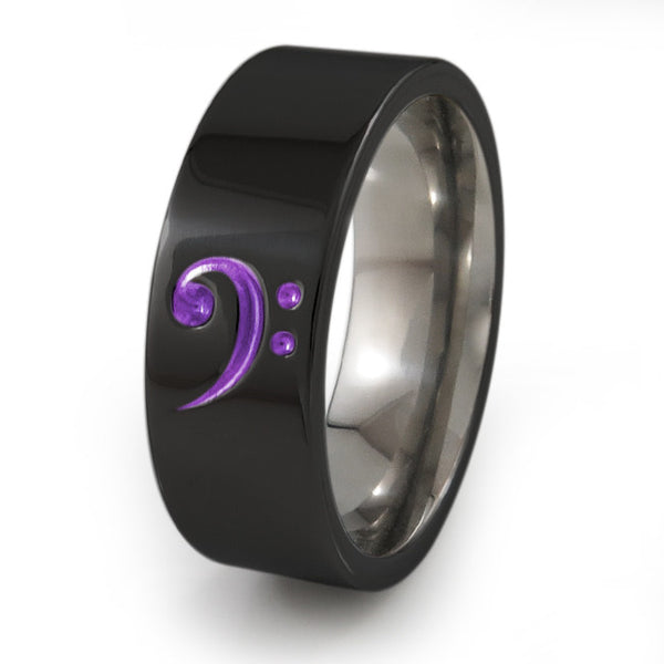 Bass Clef Music Ring, Black Titanium Bass Clef Ring, Soundwave ring