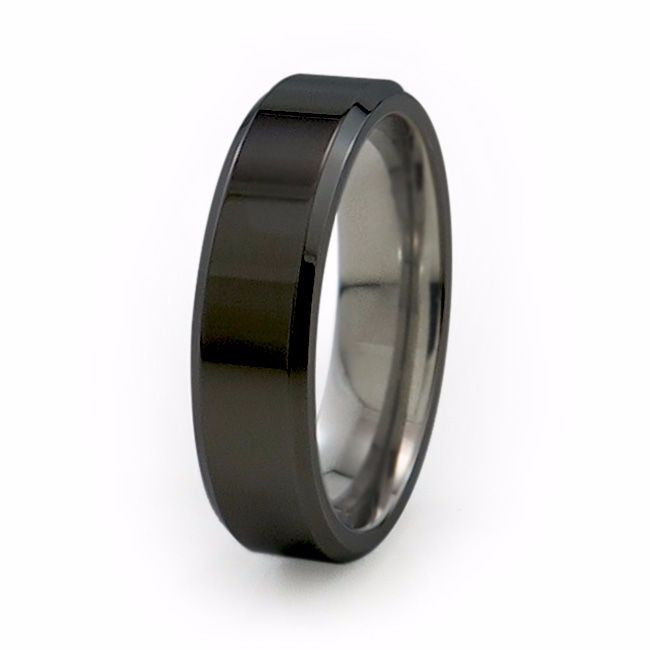 Mens black titanium wedding band with bevelled edges and a comfort fit.