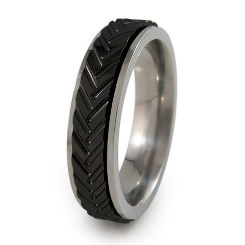 Chevrons Titanium Fidget Ring |  Natural silver color edge/ Black spinner and colors