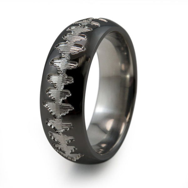 Black Titanium Ring with sound wave engraving of babys heartbeat from Ultrasound, or any sound wave that can be captured.