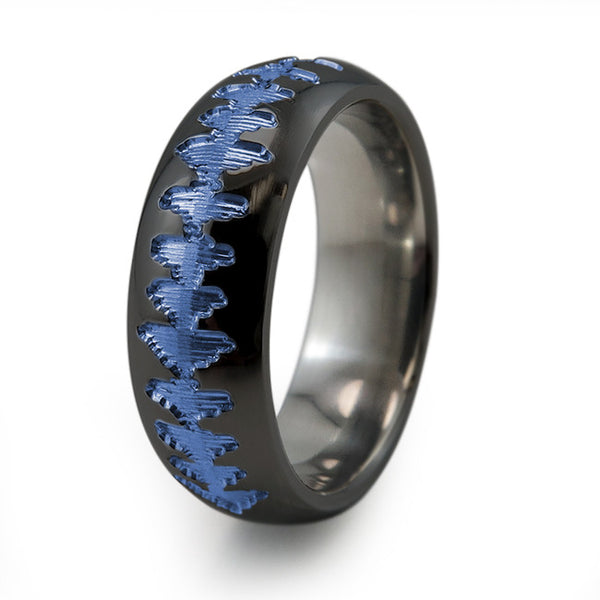Black Titanium Ring with sound wave engraving of babys heartbeat from Ultrasound, or any sound wave that can be captured.