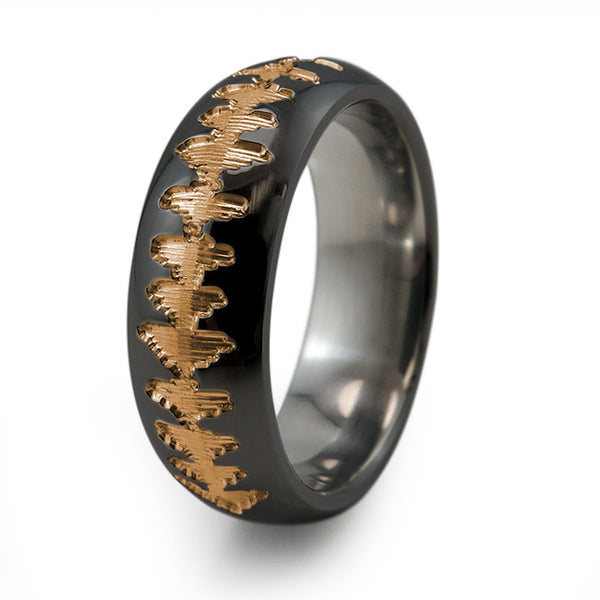 Black Titanium Ring with sound wave engraving of babys heartbeat from Ultrasound, or any sound wave that can be captured.