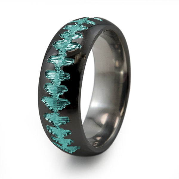 Black Titanium Ring with sound wave engraving of babys heartbeat from Ultrasound, or any sound wave that can be captured.