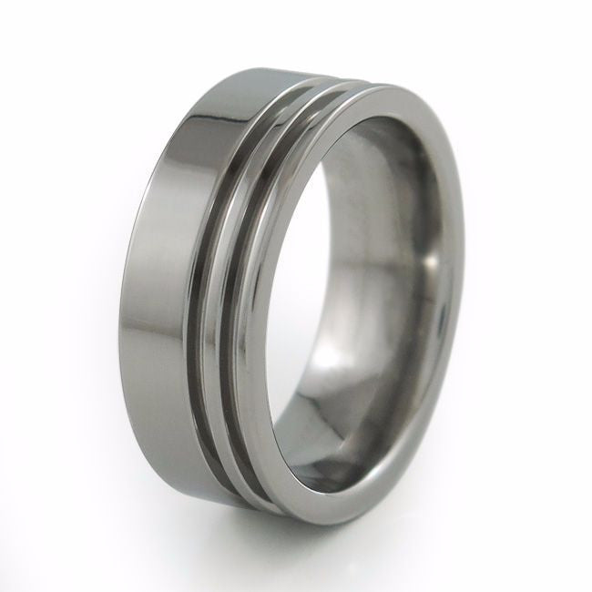 flat profiled Titanium ring with offset dual grooves for a contemporary, sporty flair.