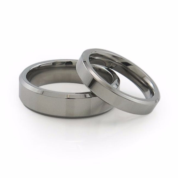Mens and ladies titanium wedding band with beveled edges and custom fit. Pure titanium