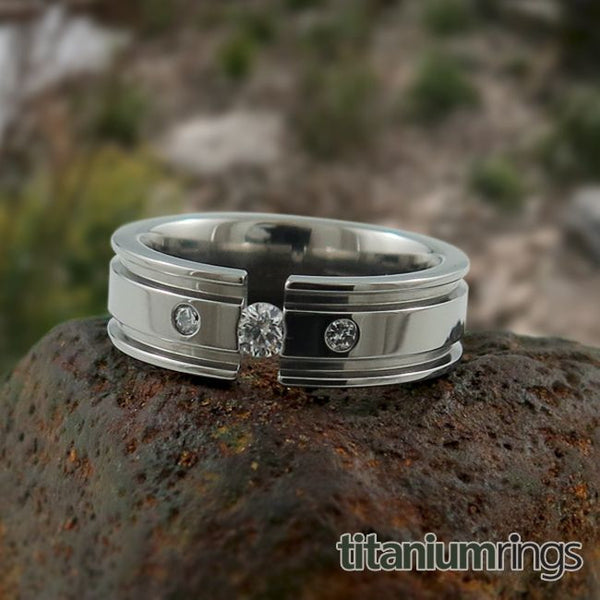 Mens titanium wedding band comfort fit collection tension diamond inset