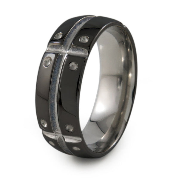 Mens Black Titanium Ring with armor and shield design. Can have a color accent and finish.