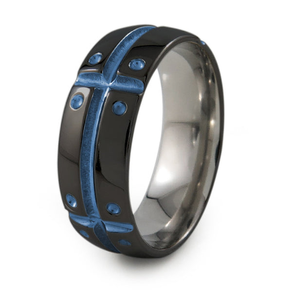 Mens Black Titanium Ring with armor and shield design. Can have a color accent and finish.