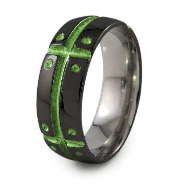Mens Black Titanium Ring with armor and shield design. Can have a color accent and finish.