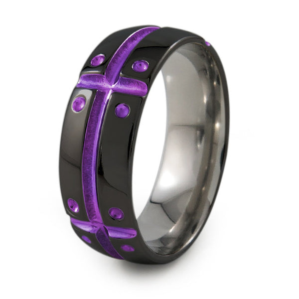 Mens Black Titanium Ring with armor and shield design. Can have a color accent and finish.