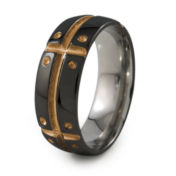 Mens Black Titanium Ring with armor and shield design. Can have a color accent and finish.