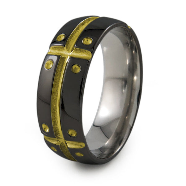 Mens Black Titanium Ring with armor and shield design. Can have a color accent and finish.