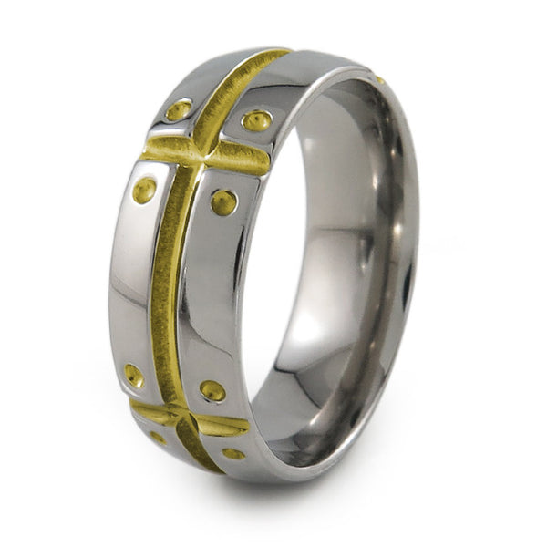 Mens Titanium Ring with armor and shield design. Can have a color accent and finish.
