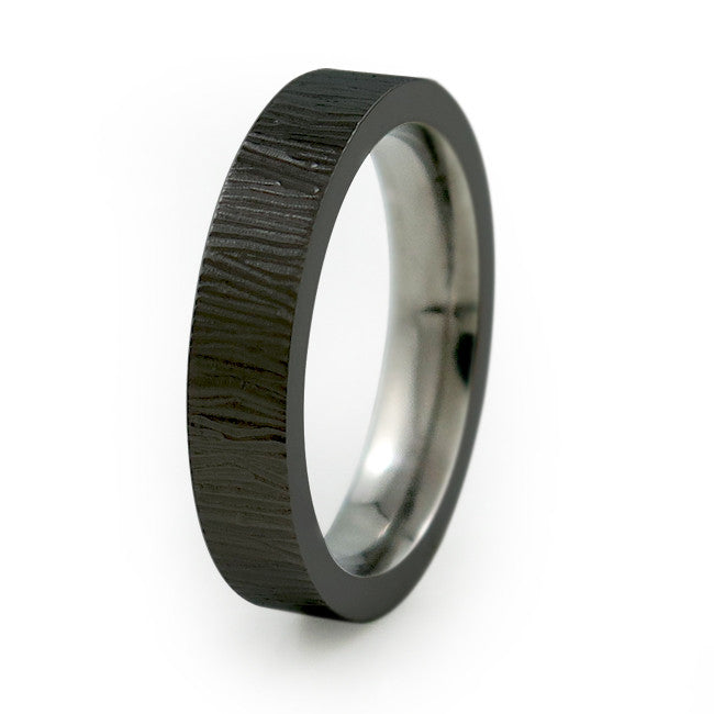 Ladies Black Titanium Ring  with elegant carved etching around the ring
