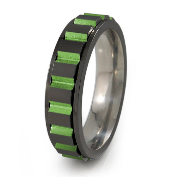 Titanium Ring with A spinning set of geometric blocks for your enjoyment and style.