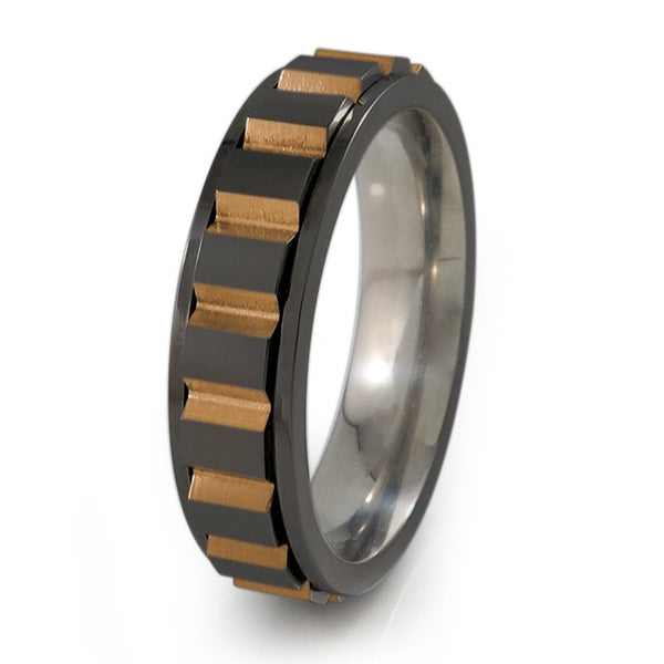 Titanium Ring with A spinning set of geometric blocks for your enjoyment and style.