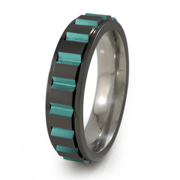 Titanium Ring with A spinning set of geometric blocks for your enjoyment and style.