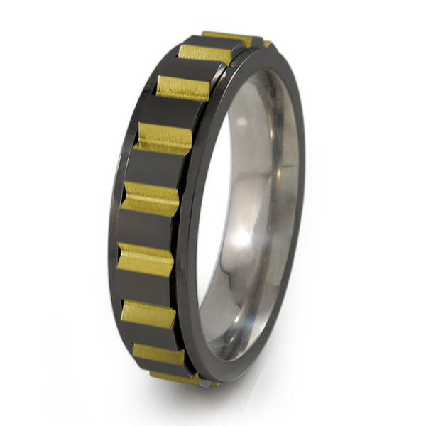 Titanium Ring with A spinning set of geometric blocks for your enjoyment and style.