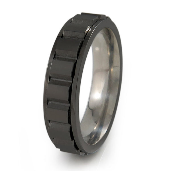Titanium Ring with A spinning set of geometric blocks for your enjoyment and style.