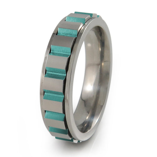 mens mechanical spinner fidget ring.  Centre part moves as you fidget/spin it.