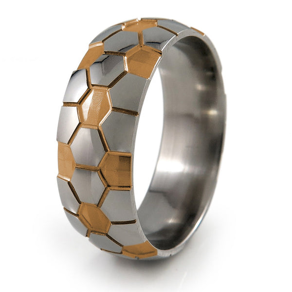Soccer Ball Titanium Ring with orange accent