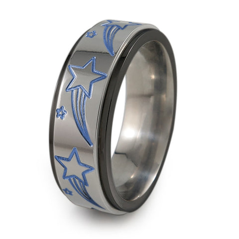 Shooting Stars Titanium Fidget Ring | Black Edge - Natural Silver + Color