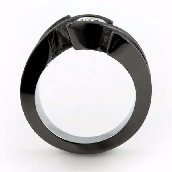 Ladies Black Titanium Ring with diamonds. This one-of-a-kind creation features a triple tension setting that makes your Diamonds or gemstones appear to float in a flowing wave. 