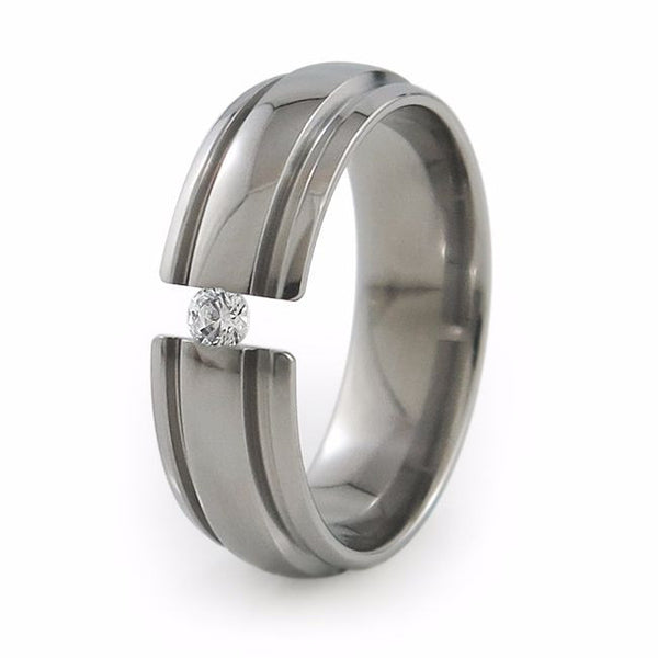 Mens Diamond or Sapphire or other gemstone titanium wedding band. The stone is tension set. 