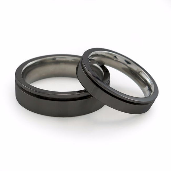 Mens black titanium ring. Titanium wedding band with inset grove.  Can be anodized with color. Comfort fit ring