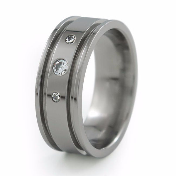 Mens titanium wedding band comfort fit collection with diamonds inset