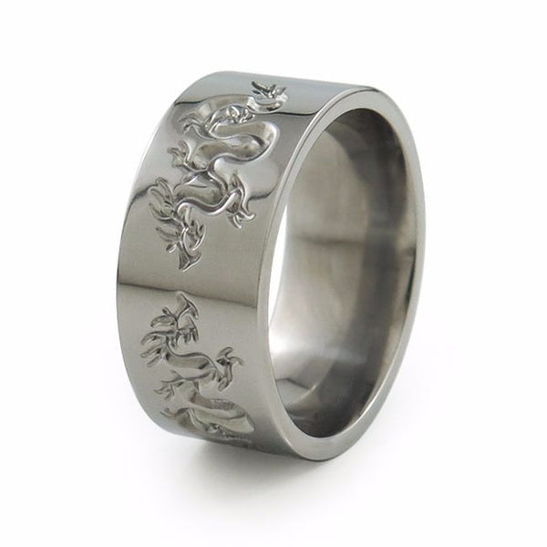  Liung Titanium ring with an Asian spin. Beautiful, ornate serpentine dragons are carved around the surface,