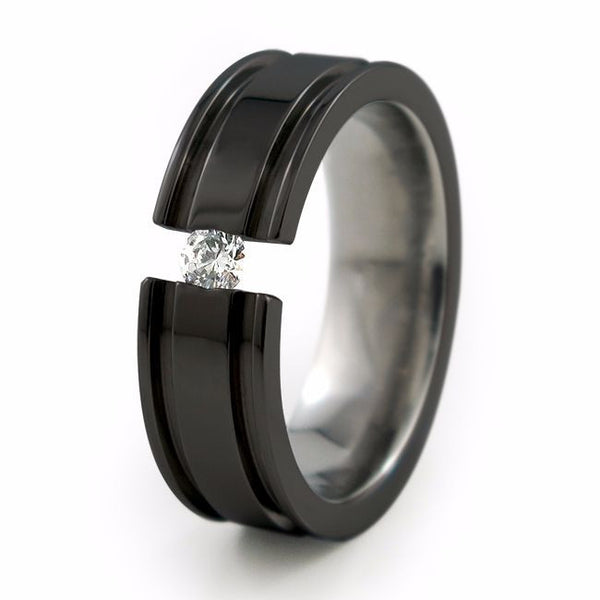Mens Black Titanium Wedding band called the  Abyss Ring with diamond inset and comfort fit 