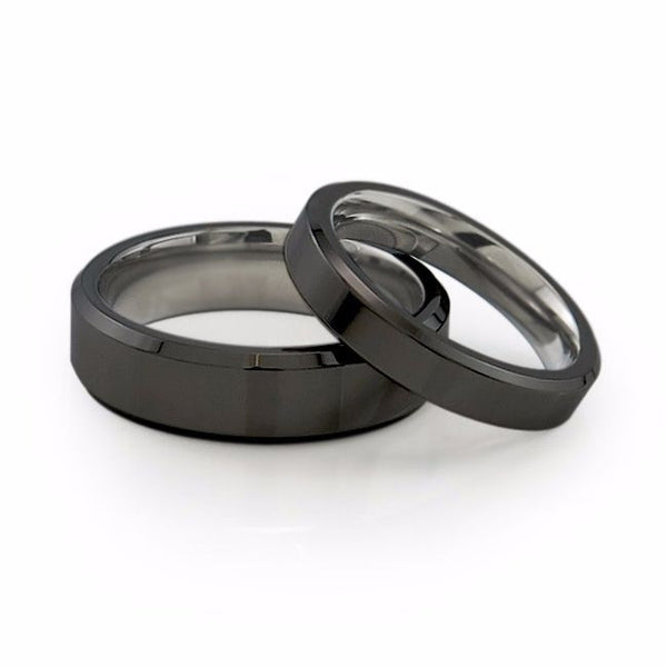 Mens and ladies black titanium wedding band with bevelled edges and a comfort fit. 