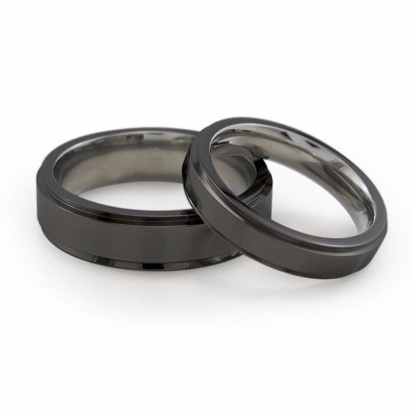 Japanese Samurai Black titanium wedding band. Matching mens and ladies black titanium wedding bands