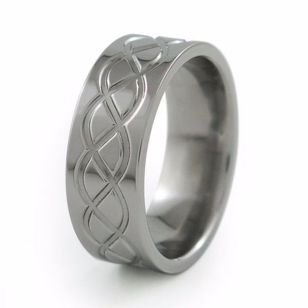The Hypnos Lite Titanium wedding band is a very unique ring. Symbolic of endless love; this fine woven Celtic pattern represents infinity. The Hypnos Lite is crafted from a solid block of aircraft grade Titanium; therefore it is also very strong and durable. Our dedicated team expertly carves and finishes this timeless and symbolic creation.