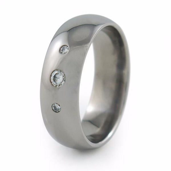titanium wedding band with inset gemstones diamonds, sapphires, moissanites, cubic zirconia mens or ladies, unisex titanium ring 