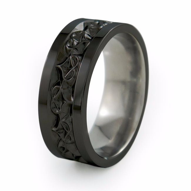 Amore Mens Carved Black Titanium Ring Titanium Rings