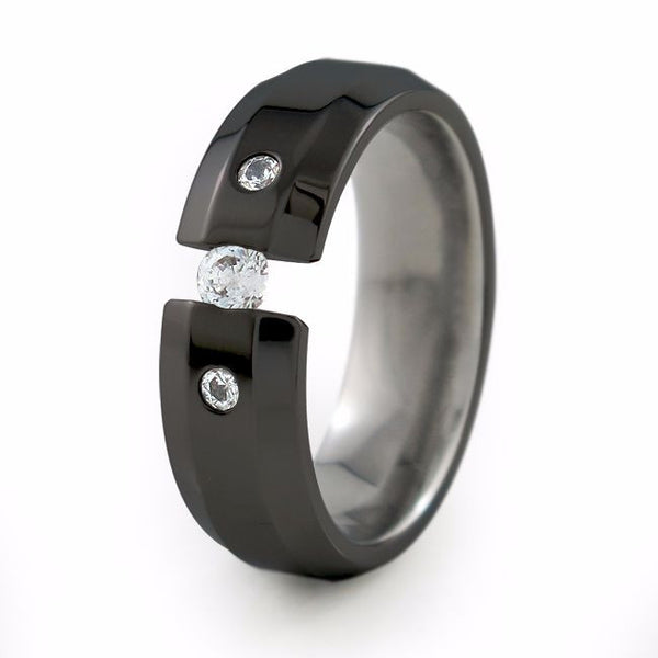 Titanium Ring with tension set diamonds black or natural titanium