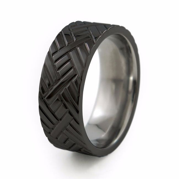Black Titanium Ring with Chevrons design. Classic fit and comfort fit