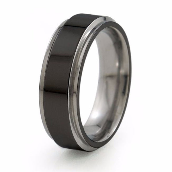Mens two toned black titanium Wedding band.  Diamond coated Black Titanium ring